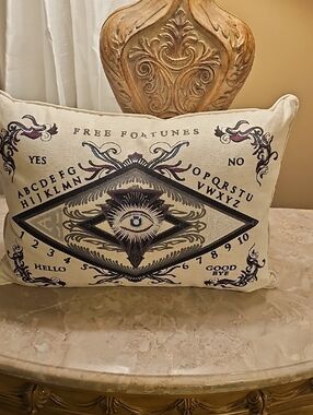 Decorative Beige Ouija Eye Accent Linen Pillow 19“LX12“H